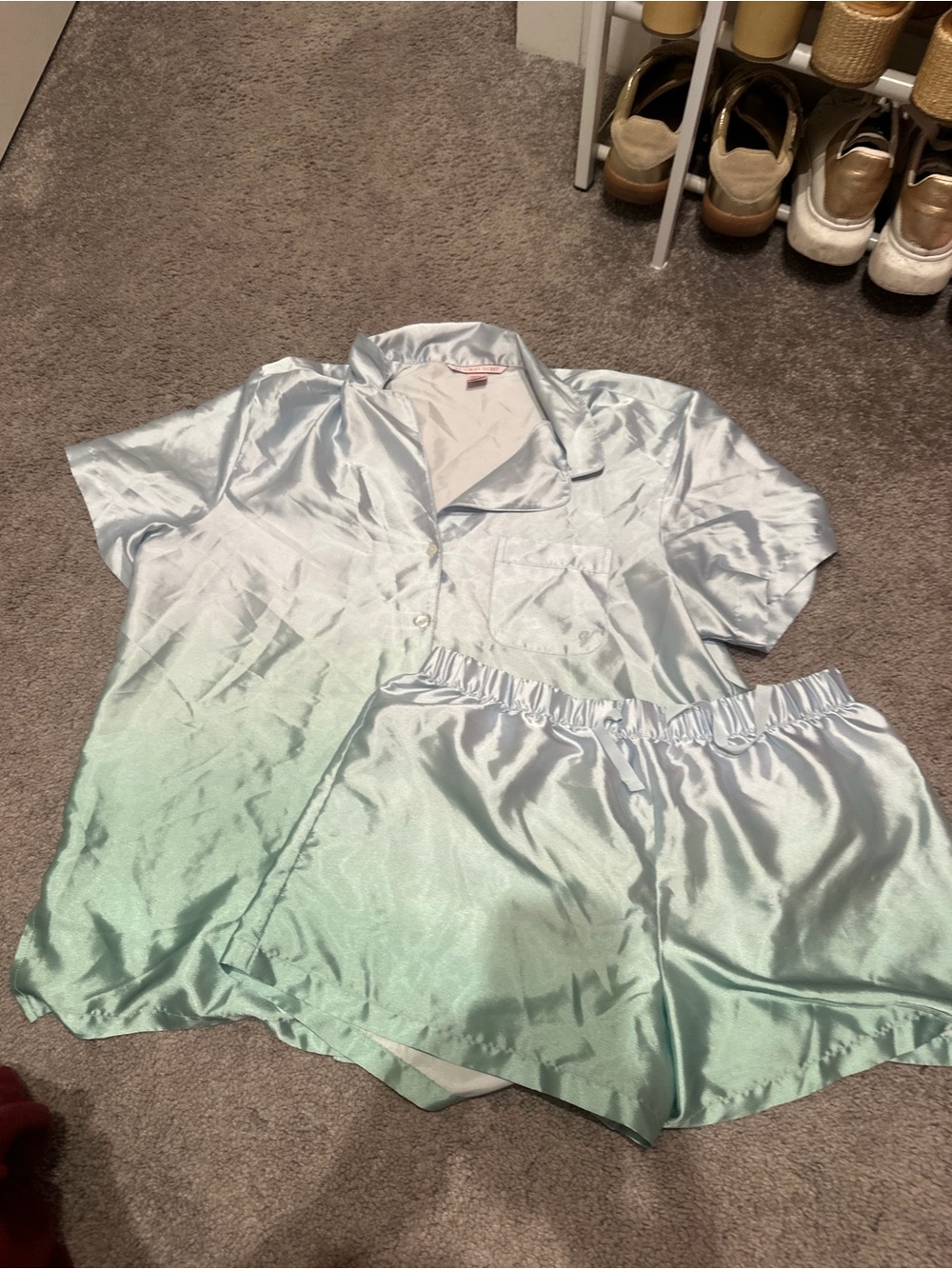 VS PINK Silky Light Blue Short Sleeve Pajama Set - Women's Sleepwear